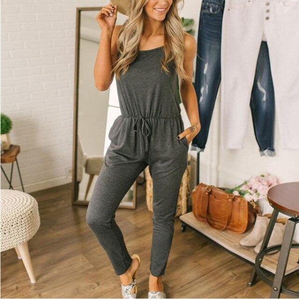 Sexy Off Shoulder Elastic Waist Rompers Women Jumpsuit Black Gray Summer Sleeveless One Piece Outfit Streetwear - Hplify
