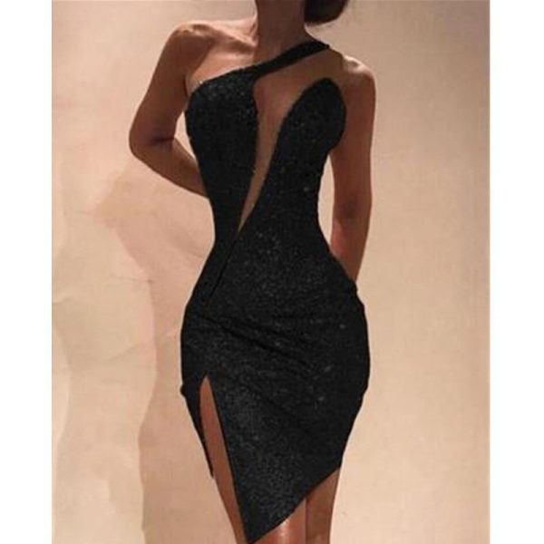 One Shoulder Cut Out Slit Bodycon Sequin Dress Women High Waist Asymmetric Collar Party Evening Dress Vestidos - Hplify