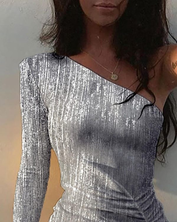 One-shoulder Sheath Solid Dress Women Ruched Hem Slim Long Sleeve Mini Dress Autumn Party Club Dresses - Hplify