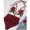 Rose Embroidery Overalls See Through Beach Bodysuits Women stretch Jumpsuit Halter Rompers Summer Swimsuit red wine - Hplify