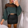 Sexy Tops and Shirt Women Crop Tops Round Neck Mesh See Through Beading Patchwork Puff Sleeve Women Blouse - Hplify