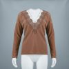 Sexy Tops and Shirt Women Tshirt Fashion Solid Color Round Neck Deep V Back Lace Patchwork Long Sleeve Women Blouse - Hplify