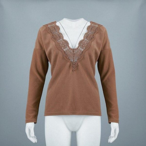 Sexy Tops and Shirt Women Tshirt Fashion Solid Color Round Neck Deep V Back Lace Patchwork Long Sleeve Women Blouse - Hplify