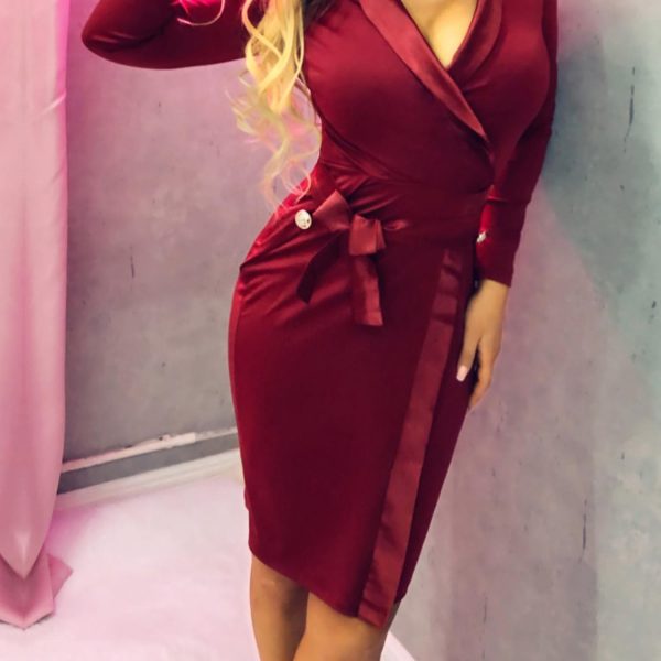 V Neck Bodycon Party Dress Women Solid Wine Red Long Sleeve Short Winter Dress - Hplify