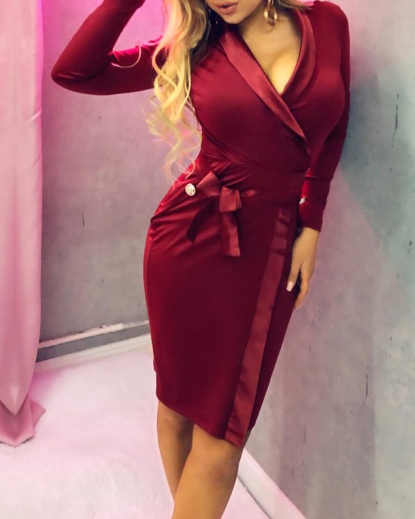 V Neck Bodycon Party Dress Women Solid Wine Red Long Sleeve Short Winter Dress - Hplify