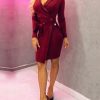 V Neck Bodycon Party Dress Women Solid Wine Red Long Sleeve Short Winter Dress - Hplify