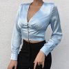 V Neck Long Sleeve T Shirt Women Single Brested Solid Satin Tops Navel Exposed Crop Tops Spring Fashion Streetwear Blusa - Hplify