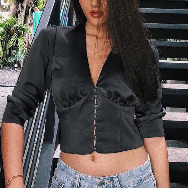 V Neck Long Sleeve T Shirt Women Single Brested Solid Satin Tops Navel Exposed Crop Tops Spring Fashion Streetwear Blusa - Hplify
