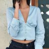 V Neck Long Sleeve T Shirt Women Single Brested Solid Satin Tops Navel Exposed Crop Tops Spring Fashion Streetwear Blusa - Hplify