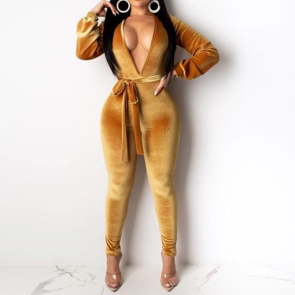 V Neck Sashes Jumpsuit for Women Solid Long Sleeve Back Cut Out Slinky Rompers Womens Jumpsuit Club Outfits - Hplify