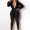 V Neck Sashes Jumpsuit for Women Solid Long Sleeve Back Cut Out Slinky Rompers Womens Jumpsuit Club Outfits - Hplify