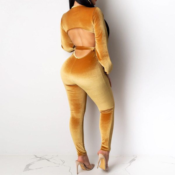 V Neck Sashes Jumpsuit for Women Solid Long Sleeve Back Cut Out Slinky Rompers Womens Jumpsuit Club Outfits - Hplify