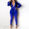 V Neck Sashes Jumpsuit for Women Solid Long Sleeve Back Cut Out Slinky Rompers Womens Jumpsuit Club Outfits - Hplify