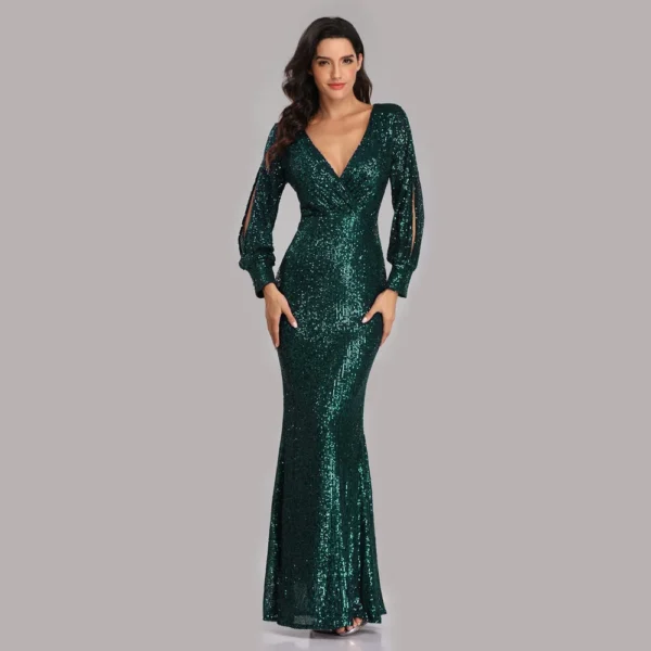 Sexy V-neck Mermaid Evening Dress Long Formal Prom Party Gown Full Sequins long Sleeve Galadress Vestidos Women Dresses