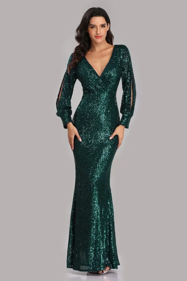 Sexy V-neck Mermaid Evening Dress Long Formal Prom Party Gown Full Sequins long Sleeve Galadress Vestidos Women Dresses