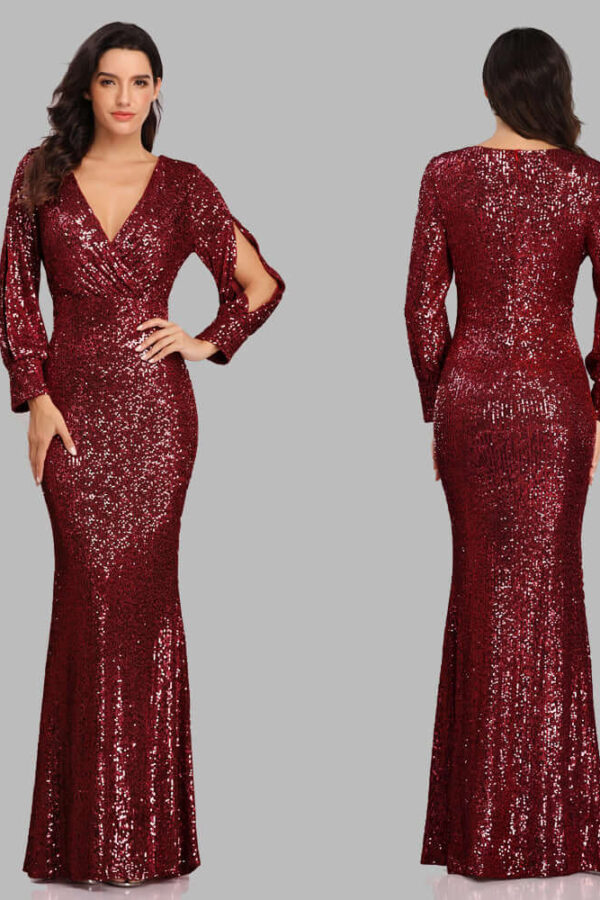 Alternative view of Sexy V-neck Mermaid Evening Dress Long Formal Prom Party Gown Full Sequins long Sleeve Galadress Vestidos Women Dresses