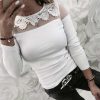Sexy White Lace Floral Off Shoulder Tshirt Women Clothes Long Sleeve O Neck Tees Mesh See Through Tops Bodycon Shirts Streetwear - Hplify