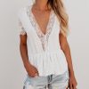 Sexy White Lace Patchwork Short Sleeve Deep V Neck Tshirt Elegant Women Clothes Slim Tunic Shirts Casual Tops Fashion Streetwear - Hplify