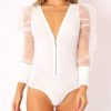 Sexy Women Bodysuit Long Sleeve Skinny Women Overalls Fashion Mesh See Through Solid Color Zipper Puff Sleeve Women Bodysuit - Hplify