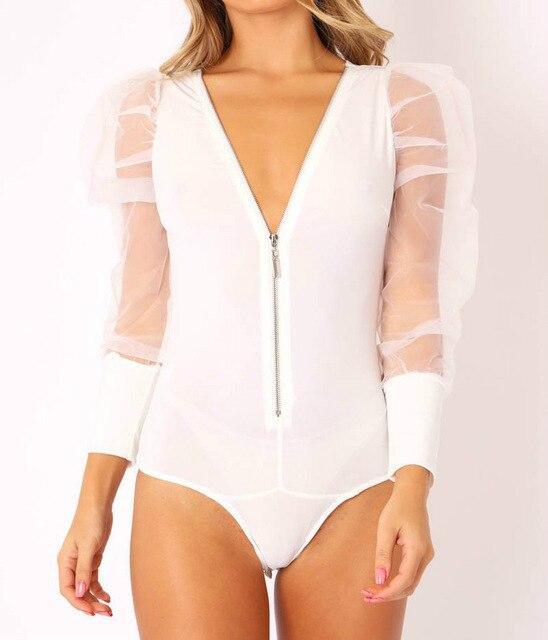 Sexy Women Bodysuit Long Sleeve Skinny Women Overalls Fashion Mesh See Through Solid Color Zipper Puff Sleeve Women Bodysuit - Hplify