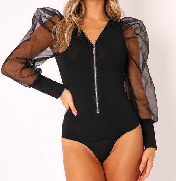 Sexy Women Bodysuit Long Sleeve Skinny Women Overalls Fashion Mesh See Through Solid Color Zipper Puff Sleeve Women Bodysuit - Hplify