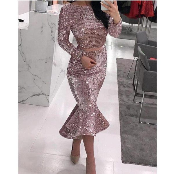 Sexy Women Sequin Party Evening Dress Trumpet Mermaid Dress Knee Length Party Dress Long Sleeve O-neck Bodycon Vestidos - Hplify