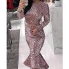 Sexy Women Sequin Party Evening Dress Trumpet Mermaid Dress Knee Length Party Dress Long Sleeve O-neck Bodycon Vestidos - Hplify