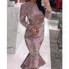 Sexy Women Sequin Party Evening Dress Trumpet Mermaid Dress Knee Length Party Dress Long Sleeve O-neck Bodycon Vestidos - Hplify