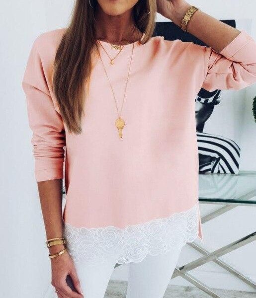 Sexy Women Tops and Shirt Solid Color Pink Deep V Back Lace Patckwork Long Sleeve Women Blouse Sexy Tops - Hplify