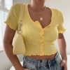 Sexy Women V-neck Short Sleeve Ruffle T-shirt Clubwear Buttons Bodycon Solid T-shirt Crop Tops Summer Outwear tee shirt femme - Hplify