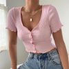 Sexy Women V-neck Short Sleeve Ruffle T-shirt Clubwear Buttons Bodycon Solid T-shirt Crop Tops Summer Outwear tee shirt femme - Hplify