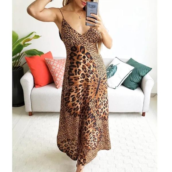 Butterfly leopard print long dress Women spaghetti strap summer dress Casual beach a line dresses robe femme - Hplify