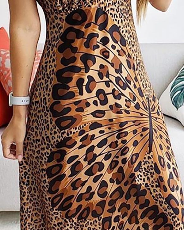 Butterfly leopard print long dress Women spaghetti strap summer dress Casual beach a line dresses robe femme - Hplify