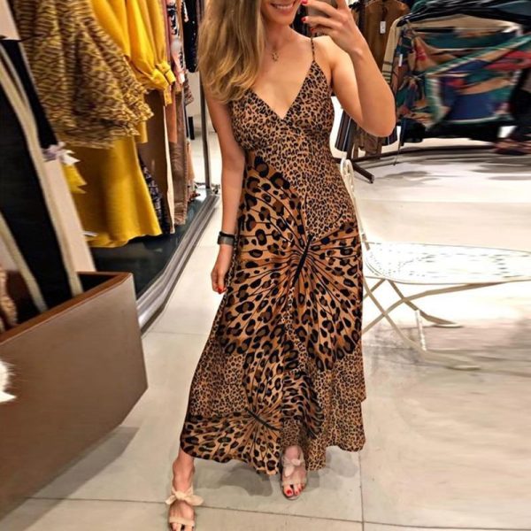 Butterfly leopard print long dress Women spaghetti strap summer dress Casual beach a line dresses robe femme - Hplify