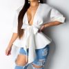 V neck ruffles blouse women Sashes bow waist peplum tops Elegant ladies half sleeve party top white black summer blouse - Hplify