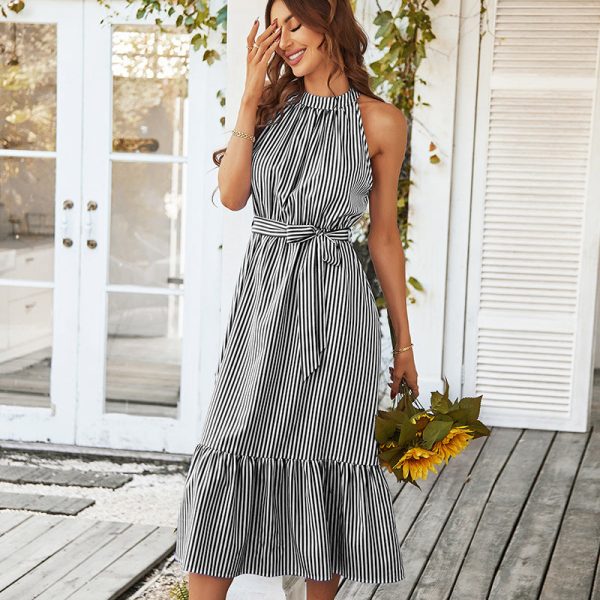 Alternative view of Summer Halter Neck Swing Dress Temperament Commuter Striped Sleeveless All Match Chic Dresses