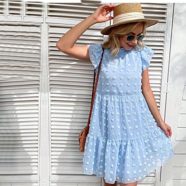 Summer Women O Neck Flying Sleeve Solid Color Casual Chic Dresses For Ladies Blue Loose Jacquard Chiffon Dress