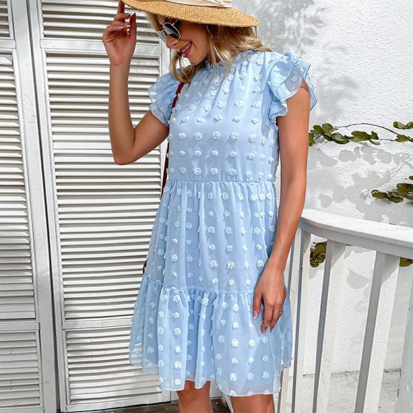 Alternative view of Summer Women O Neck Flying Sleeve Solid Color Casual Chic Dresses For Ladies Blue Loose Jacquard Chiffon Dress