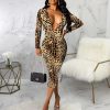 Sheath Leopard Print V Neck Dress Women Slim Fit Long Sleeve Midi Dress Night Club Party Pencil Dresses Xxl Robe Femme - Hplify