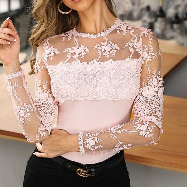 Sheer Mesh Lace Insert T Shirt Women Long Sleeve T-Shirt Autumn - Hplify