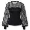 Sheer grid mesh casual shirt Women Long sleeve tops womens top Black plaid slim tops summer  Lantern sleeve blusas - Hplify