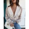 Sheer mesh plunging blouse Women long sleeve v neck sexy blouse Summer see through womens tops and blouses white blusas - Hplify