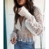 Sheer mesh plunging blouse Women long sleeve v neck sexy blouse Summer see through womens tops and blouses white blusas - Hplify