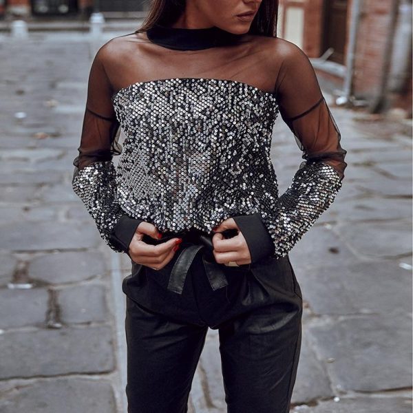 Sheer mesh sequin blouse Women see through long sleeve sexy shirt Summer womens tops and blouses Black sequined tops femme - Hplify