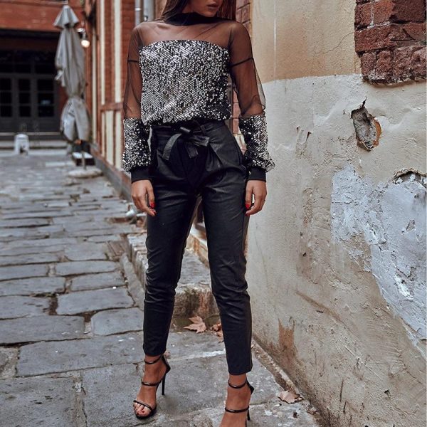 Sheer mesh sequin blouse Women see through long sleeve sexy shirt Summer womens tops and blouses Black sequined tops femme - Hplify