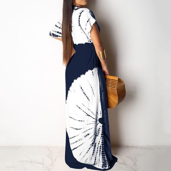 Side split lace up long dress Women short sleeve v neck summer beach dress Vintage print maxi dresses robe femme vestidos - Hplify