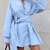 Single breasted sashes wrap shirt dress women Long sleeve short solid blue white dresses Autumn womens festival clothing - Hplify