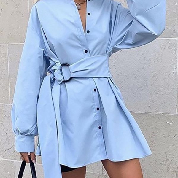 Single breasted sashes wrap shirt dress women Long sleeve short solid blue white dresses Autumn womens festival clothing - Hplify