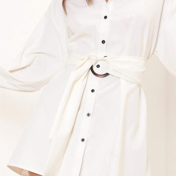 Single breasted sashes wrap shirt dress women Long sleeve short solid blue white dresses Autumn womens festival clothing - Hplify