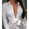 Single breasted shirt dress Women long sleeve white dress Sexy turn down collar wrap party dress ruched vestidos mujer - Hplify
